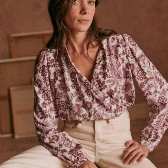 Sezane Abelia Blouse Ghalia Ecru Purple Wrap Top Size 32 French US 0 Long Sleeve - Picture 1 of 14